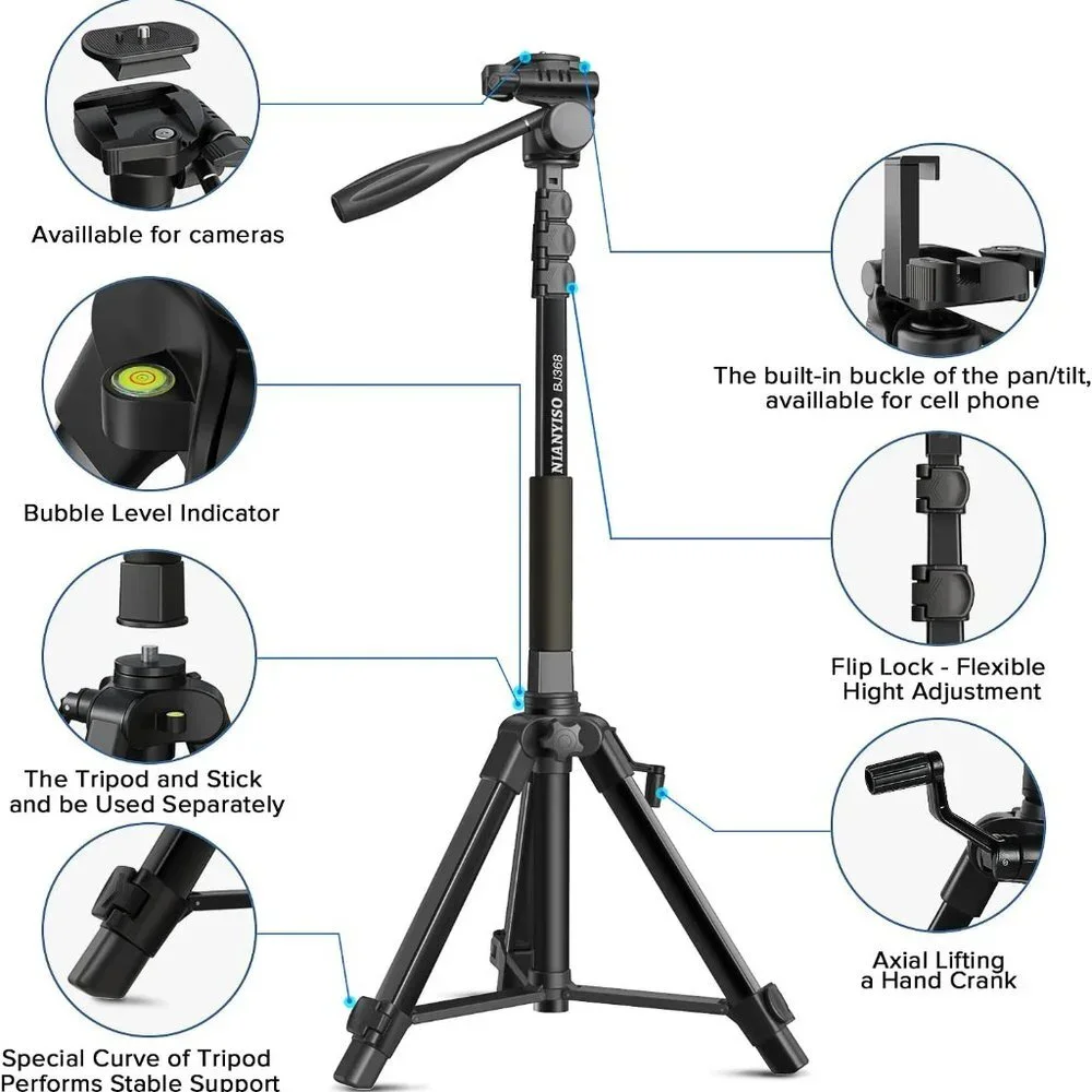 69 Inch, Patented 3-Way Swivel Portable Phone Tripod Professional Aluminum Alloy
